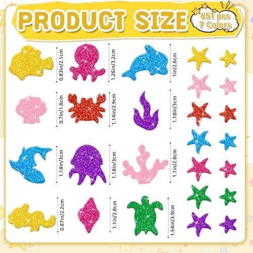 Foam Stickers, 651 PCS 3D Glitter Foam Ocean Sea Animal Stickers, 7 Colors