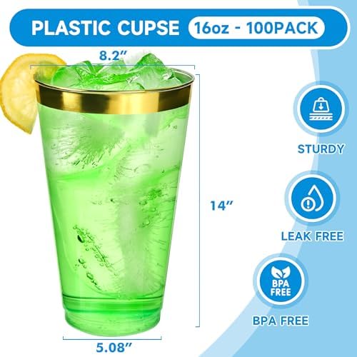 RACETOP 16 oz Disposable Plastic Cups with Gold Rim, 100 Pack