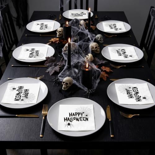 RUSPEPA 25 Pcs Black Halloween Napkin Paper, 3 Ply Happy Halloween Spider Web and Spider Design Disposable Cocktail Napkins for Halloween Party, Spooky Table Decor, Birthday, 5 x 5 Inch