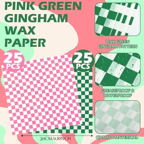 Geosar 100 Pcs Gingham Paper Food Tray with Wax Paper,Pink Green