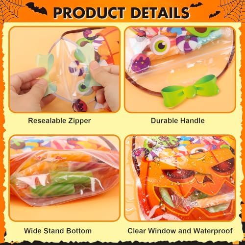 FOIMAS Halloween Treat Bags, 50pcs Pumpkin Cauldron Plastic Candy Bag Zipper Seal Bag Resealable Jack-O-Latern Goodie Bags with Handle for Trick or Treat Halloween Party Supply Decor Home Classroom
