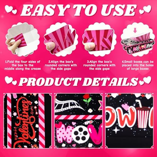 48 Pcs Valentine's Day Party Supplies - Movie Night Paper Snack Trays & Decorations - Heart Love Party Favors - Family Movie Popcorn & Drink & Candy Box