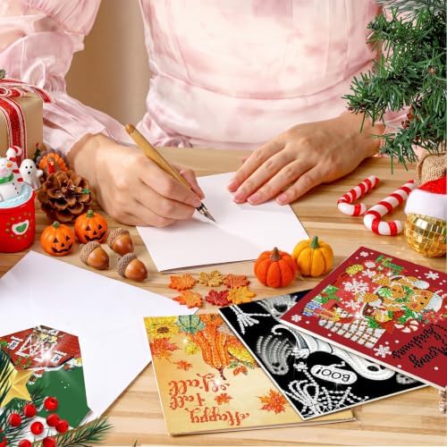 Saillong 12 Pack Fall Diamond Painting Greeting Cards Kits DIY Holiday Diamond Art Cards with Envelopes Halloween Christmas 5D Rhinestones Painting Making Kit for Adult DIY Crafts Party Favors Gifts