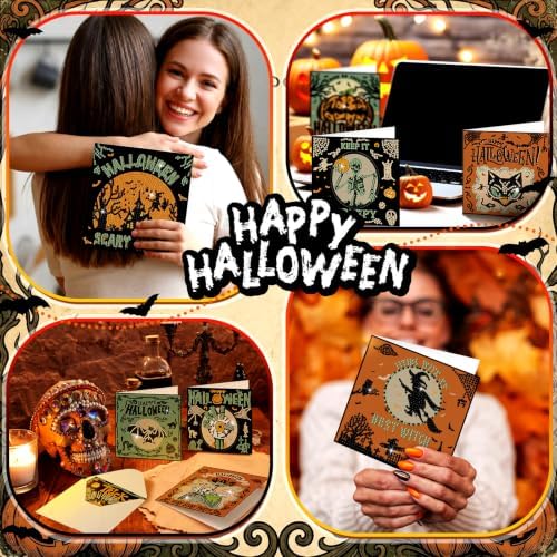 Saillong 12 Pack Halloween Diamond Painting Greeting Card Kits DIY Halloween Diamond Art Cards with Envelopes Green Black Cat Skull 5D Rhinestones Painting Kit for Adults DIY Craft Family Friend Gifts