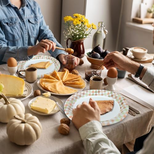 40Pcs Fall Gingham Paper Plates 10" X 12" Oval Thanksgiving Plates Disposable Heavy Duty Large Dinner Serving Party Platters for Autumn Harvest Holiday Party Supplies(Orange&Green)