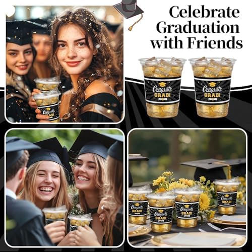 Bokon 100 Pcs 2026 Black Graduation Plastic Cups Bulk with Strawless Sip Lids 12oz Disposable Congrats Grad Cup Drinkware Class of 2026 Celebration for College Tableware Party Supplies Decorations