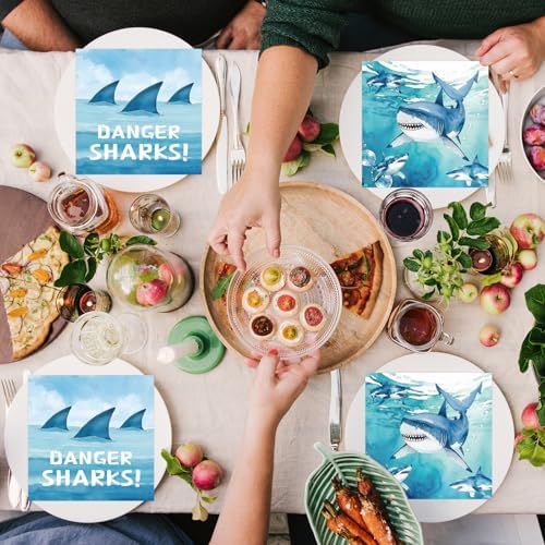 50 Pcs Shark Paper Napkins 6.5 x 6.5 Inches, Ocean Shark Theme Disposable Luncheon Dinner Party Napkins Cocktail Napkin for Under The Sea Party Decorations (Shark)