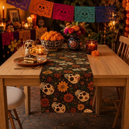 Dia De Los Muertos Decorations - Sugar Skull Marigold Table Runner