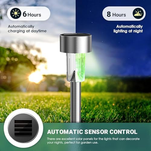 GIGALUMI Solar Garden Lights Outdoor, 12 Pack 6-Color, IP65 Waterproof Decorative Pathway Lights, Stainless Steel LED Landscape Lighting for Yard, Lawn, Walkway