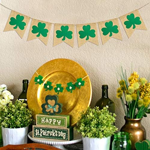Partyprops Rustic Shamrock Garland | Burlap Shamrock Garland Banner | St. Patricks Day Decorations | Burlap Clover Garland Banner | Irish Day Celebration Decor