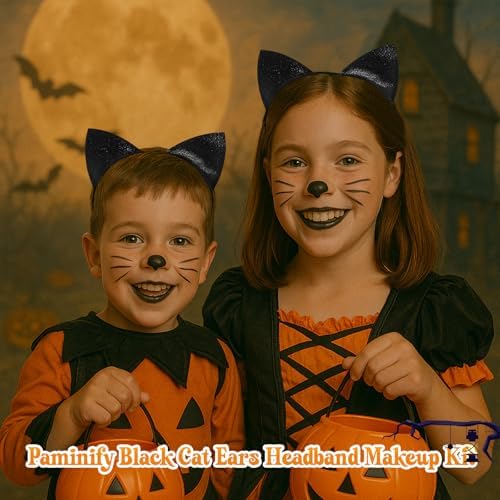 Halloween Cat Costume Makeup Kit for Women,Black Cat Ears Headband with Eyeliner and Lipstick,Black Face Paint Stick,Halloween Headband Cosplay Accessories for Adults