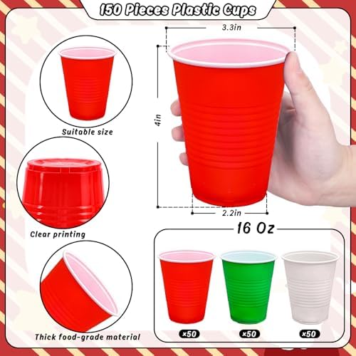 JarThenaAMCS 150Pcs Christmas Plastic Cups 12Oz Red Green White Disposable Drinking Cup Stackable Party Cups for Xmas Birthday Events Supplies