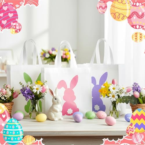 Wesnoy 48 Pcs Easter Gift Bag with Handle Bulk Non Woven Bunny Bags Reusable Easter Spring Bunny Tote Bag Rabbit Candy Basket Container for Gift Wrapping Egg Hunt Party Favor, 11.4 x 10.6 x 4.7 Inch