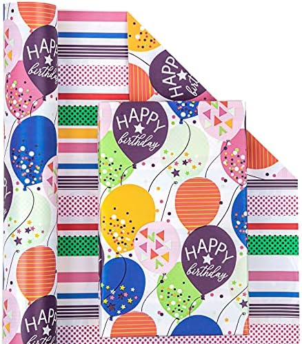 WRAPAHOLIC 30 Inch Reversible Birthday Wrapping Paper - 30 Inch x 33 Feet - Colorful Balloon with Confetti Design for Birthday, Baby Shower