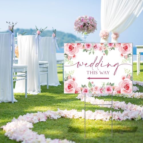 3 Pack 14.5” x 10.5” Wedding This Way Signs Double Sided Printed Wedding Direction Sign with Stakes for Ceremony Reception Lawn Yard Direction Arrow Signs Exquisite Plastic Rainproof Party Supplies,Rose Floral