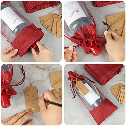 Shintop 12pcs Red Burlap Wine Gift Bags with Window and Tags