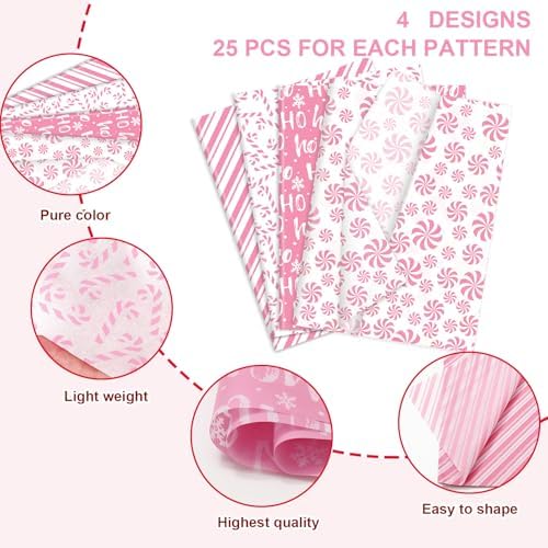 JarThenaAMCS 100 Sheets Christmas Tissue Paper Pink White Art Tissue Candy Cane Stripe Wrapping Paper for Xmas Winter DIY Crafts Gift Packing, 14 x 20 Inch