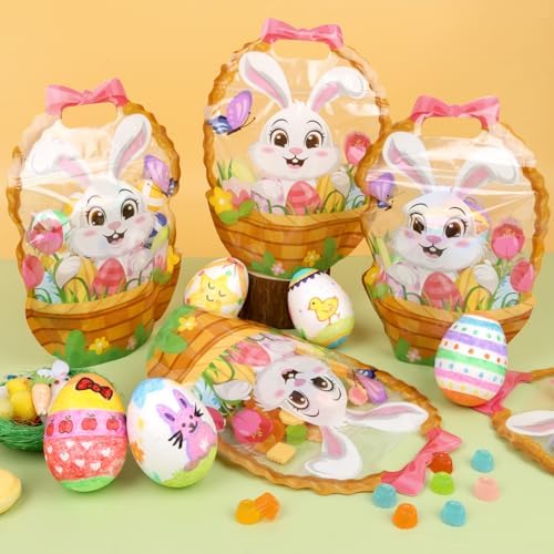 FOIMAS 50pcs Easter Gift Bags Plastic Easter Goodie Bags with Handles Ziplock Bunny Basket Resealable Candy Bag for Holiday Party Candy Gifts Supplies Decoration Favor