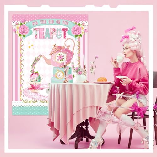 Faccito Tea Party Games Pin The Lid on The Teapot with 24 Lid Stickers Pink Blindfold Floral Poster Pin Games Set Birthday Decorations for Women Let's Par Tea Birthday Party Activity Supplies