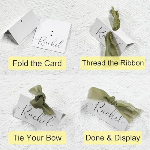 50Pcs Premium Place Cards, Small Table Cards with Green Ribbon, 2" x 3.5" Tent Card, Name Card, Wedding Place Cards for Wedding, Valentines Day, Table, Dinner Parties, Seating Card