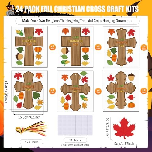 MoDooris 24 Set Fall Cross Craft Kits DIY Thanksgiving Christian Decors Make Your Own Religious Cross Hanging Ornament with Leaf Cutouts for Kids Classroom School Sunday Church Thankful Activity