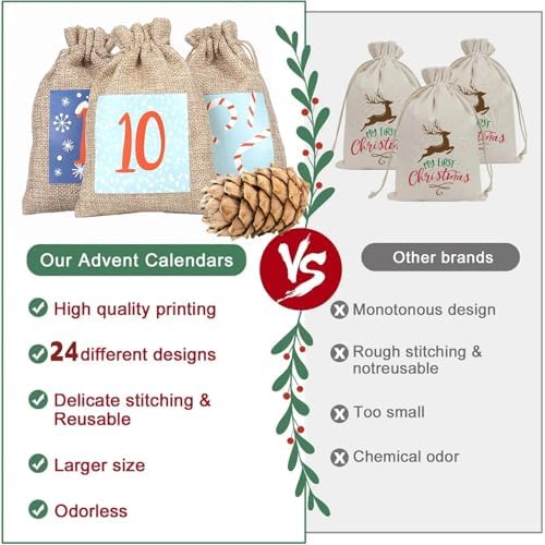 24 Pcs Christmas Advent Calendar Number Bags with Drawstring Closure