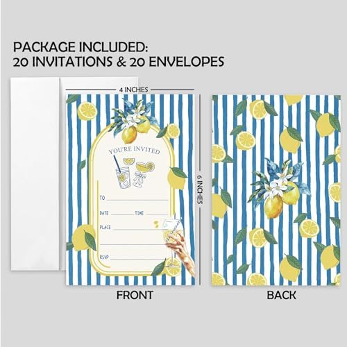 AEHIE 20 Sets Mediterranean Lemon Party Invitations With Envelopes, Summer Lemon Blue and White Striped Party Invitations Invite Cards for Women Ladies Adults