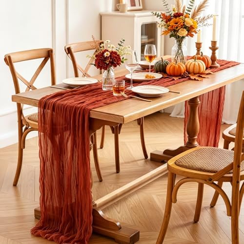 3Pcs Fall Table Runner, 10FT Thanksgiving Cheesecloth Table Runner 35*120inch Terracotta Table Runners for Fall Wedding Baby Shower Friendsgiving Thanksgivig Home Kitchen Table Decorations
