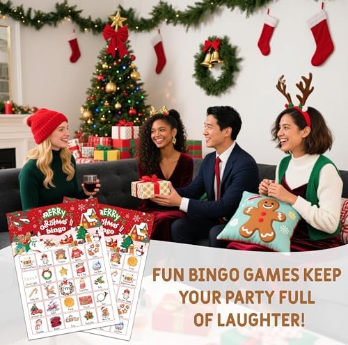 Christmas Bingo Game, Merry Christmas Party Games for Adults, Xmas Bingo Game Cards for Large Group Family Friends Activities, Winter Holiday Party Decor Supplies, 07