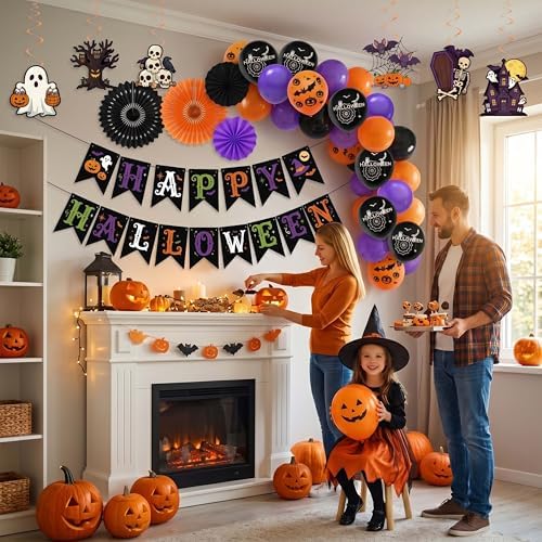 36 Pcs Halloween Party Decorations Indoor, Orange Purple Black Happy Halloween Banner Paper Fans Swirls and Printed Balloons, Spooky Room Wall Decor Supplies