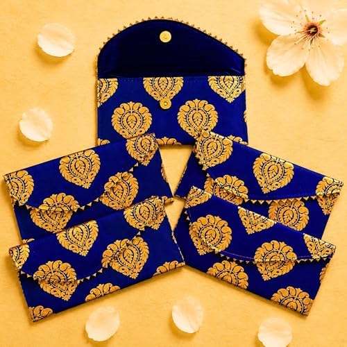 LoveNspire Brocade Fabric Money Envelopes (8 x 4 Inch) Decorative Floral Pattern Shagun Lifafa for Indian Wedding, Birthday | Cash Gift Holder & Home Savings Organizer Blue/Pack of 10