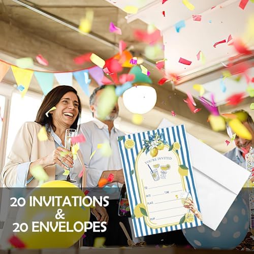 AEHIE 20 Sets Mediterranean Lemon Party Invitations With Envelopes, Summer Lemon Blue and White Striped Party Invitations Invite Cards for Women Ladies Adults