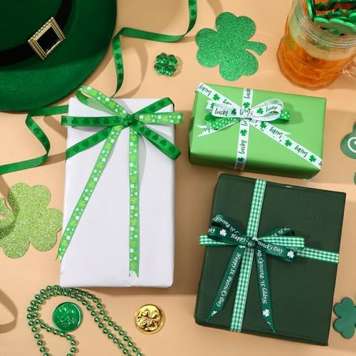 DECYOOL St Patricks Day Ribbon 3/8" Wide 60 Yards Shamrock Grosgrain Ribbon