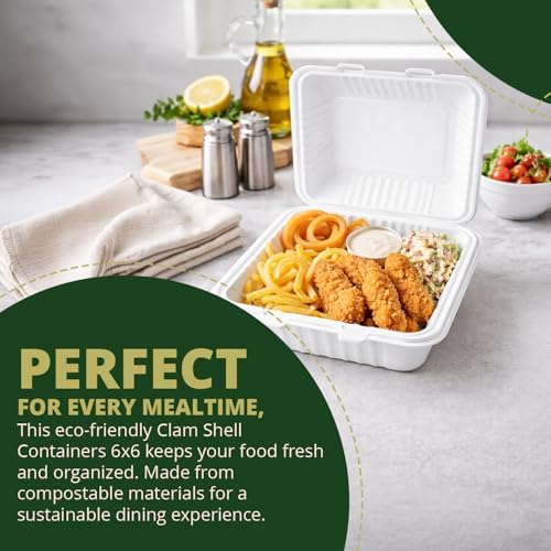 100% Compostable Clamshell Take Out Food Containers 6X6" 50-Pack Heavy-Duty Quality to go Containers, Natural Disposable Bagasse, Eco-Friendly Biodegradable Made of Sugar Cane Fibers