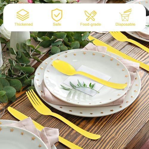 Kochorie 300 Pieces Yellow Plastic Silverware, Disposable Plastic Utensils