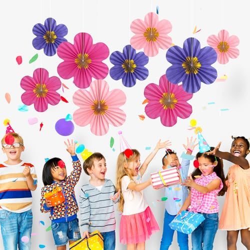 Purple Pink Paper Fans, Pink and Purple Paper Flower Birthday Decorations for Classroom, Birthdays, Baby Showers, Weddings