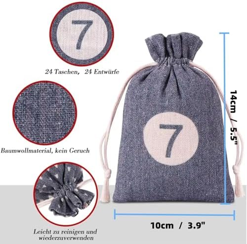 Christmas Advent Calendar Bags, 24 Days Countdown Calendar Burlap bags Hanging Advent Calendar Gift Favors for Xmas Decorations, Reusable Fabric Bags With Drawstring Closure(retro country style)