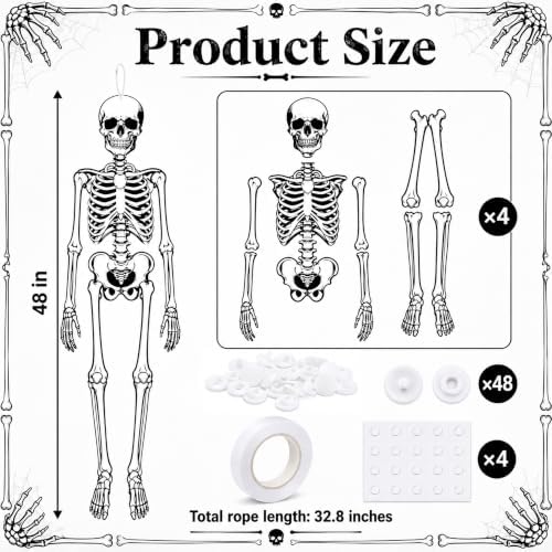 4Pcs 48" Halloween Paper Jointed Skeletons, Posable Skeleton Cutouts