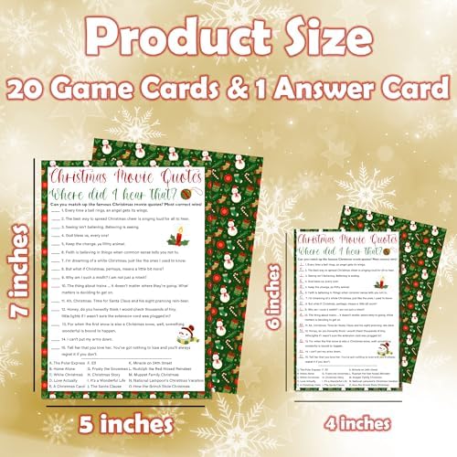 Christmas Movie Quotes Game Card - 20 Game Cards with 1 Answer Card -Film Theme Xmas Party Funny Activity for Family, Adults & Teen - Holiday Christmas Party Supplies & Decoration(Snowman)-A05