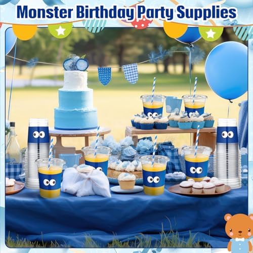FillTouch 50 Pcs Blue Monster Themed Party Supplies Cartoon Blue Monster Plastic Cups Bulk Cartoon Baby Shower Decorations Disposable Party Favor Cups for Birthday Decorations Gender Reveal Supplies