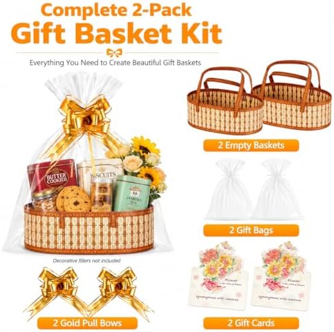 YAFAOCE 2Pcs Gift Baskets Empty to Fill for Easter Mother's Day Birthday Baby Baptisms Christmas New Year Valentines, Foldable Bamboo Woven Bulk Basket Set with Handle, Cute Large Basket Gift Kit