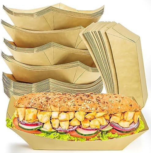 50 Pack 2.5lb Kraft Paper Food Trays, Disposable Paper Food Boat Heavy-Duty Food Serving Basket Tray for Snack Hot Dog French Fries Nachos Taco Popcorn BBQ Party Picnic Wedding Party