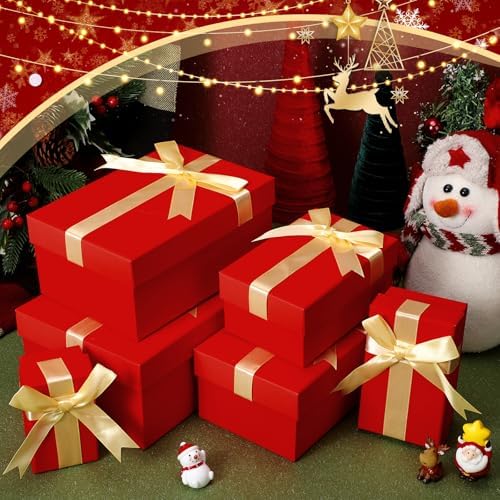 Cholemy 6 Pcs Christmas Nesting Gift Box, Lovely Style, Red, Golden