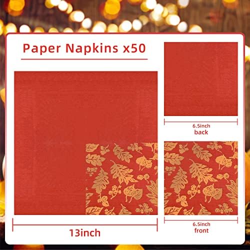 50 Pack Gold Foil fall Paper Napkins Disposable napkins red gold maple leaves for autumn and Thanksgiving, engagement, baby shower, celebration party 6.5 x 6.5 inches