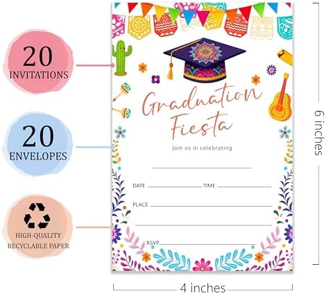 4x6 2026 Graduation Fiesta Invitations (20 Cards + 20 Envelopes) - Mexican Fiesta Grad Party Invites.(016)