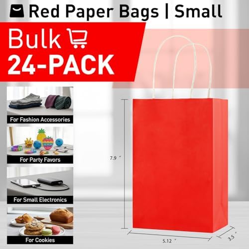 SUNCOLOR 24-Pack Red Gift Bags with Handles, 8" Kraft Paper Goodie Bags for Christmas, Valentine's Day, Birthday Party Favors