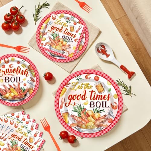 EUOYUFO 96Pcs Crawfish Boil Party Supplies Tableware Set Let The Good Times Boil Paper Plates Napkins Forks Lobster Seafood Boil Birthday Theme Party Supplies Serve 24 Guests