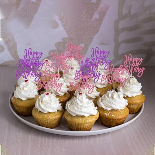 24 PCS Happy Birthday Cupcake Toppers Glitter Happy Birthday Cupcake Picks for Celebrating Anniversary Theme Party Cake Decorations Supplies Pink Purple