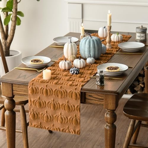 Artoid Mode Caramel Soft Faux Fur Pumpkins Fall Table Runner 13x108 Inch