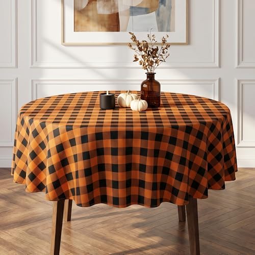 Waterproof Gingham Tablecloth, Checkered Fabric Table Cover for Kitchen Dining, Black & Orange Plaid Table Cloth, Rectangle Table Cloth for Indoor Outdoor Use, 60" Round